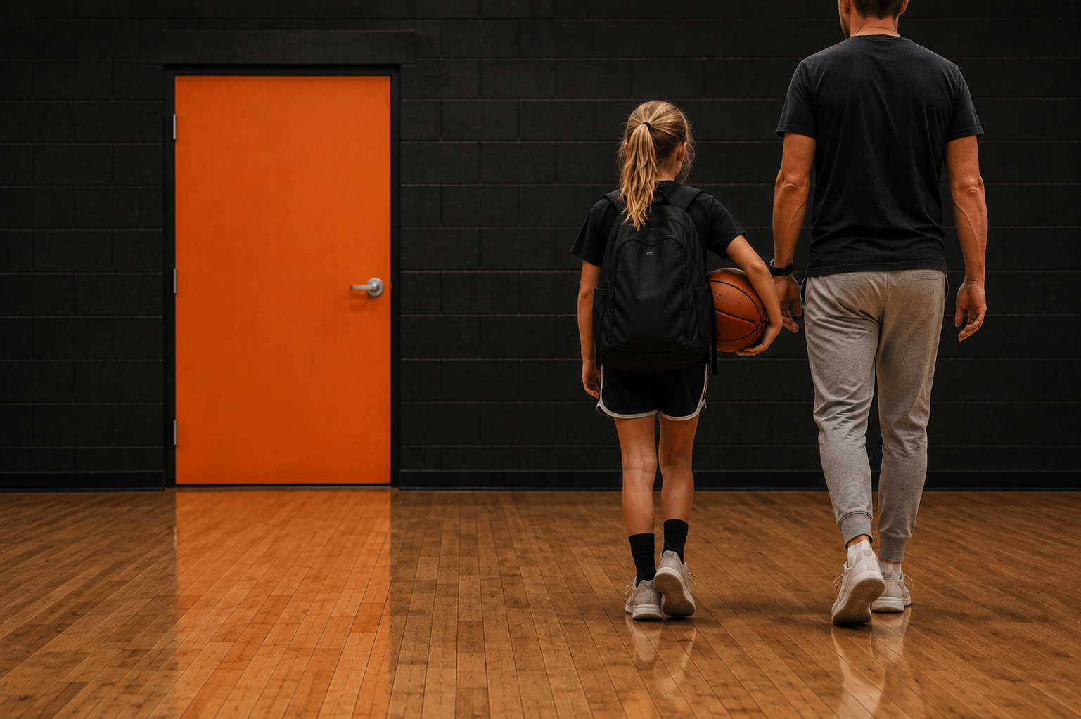 A parent and young athlete walking across the court toward the gym's orange door, basketball in hand.